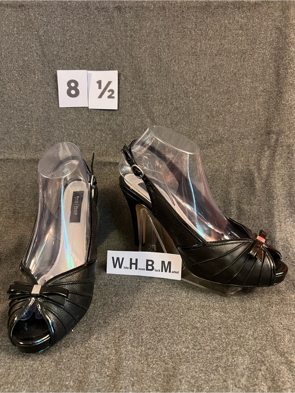 White House Black Market Black Peep-Toe Slingback Heels with Bow Accent